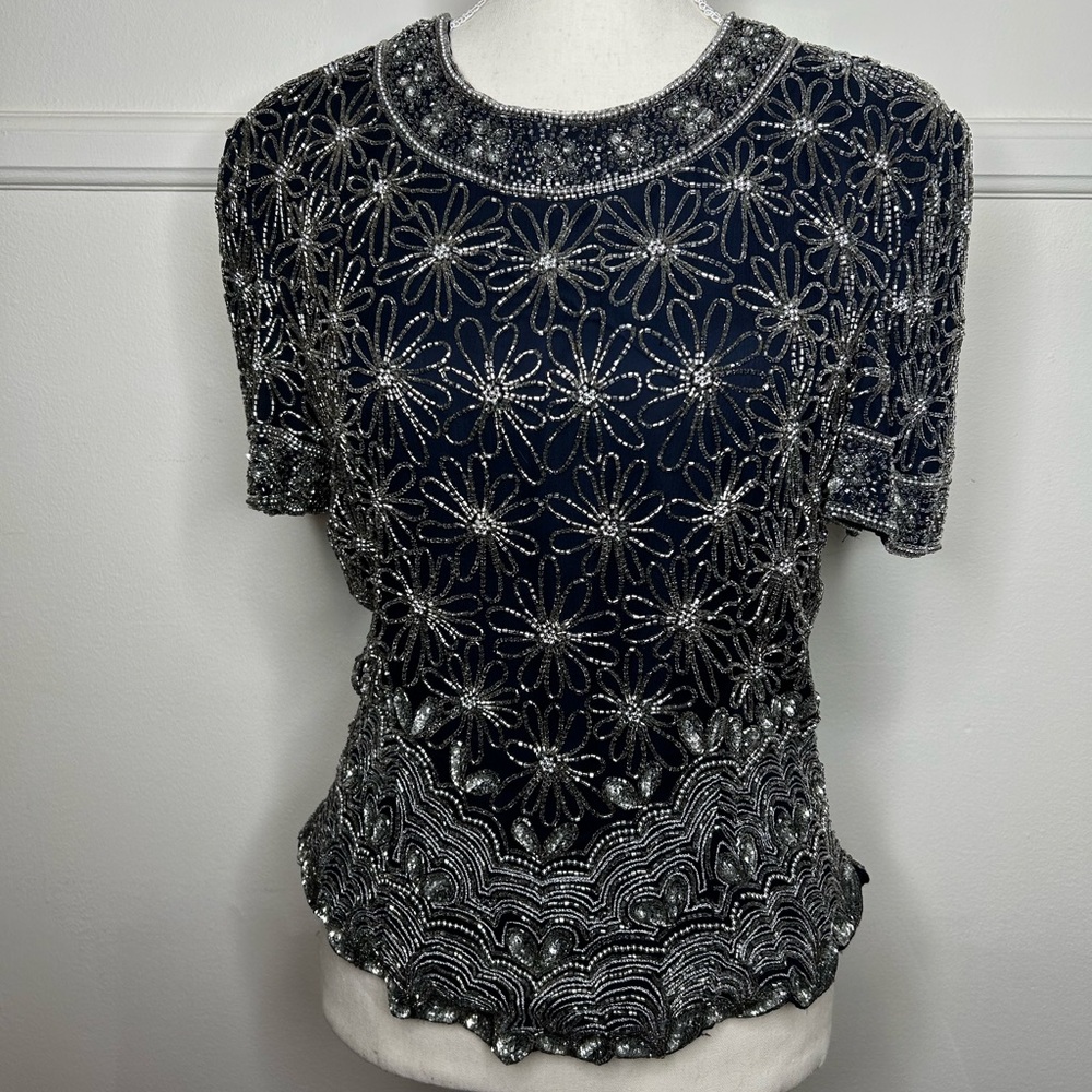 Floral Navy and Silver Beaded Women's Top